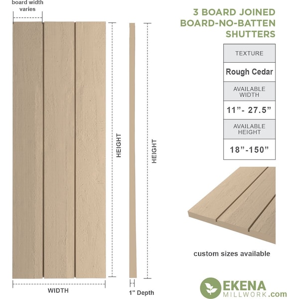 Rustic Three Board Joined Board-n-Batten Rough Cedar Faux Wood Shutters W/No Batten, 16 1/2W X 52H